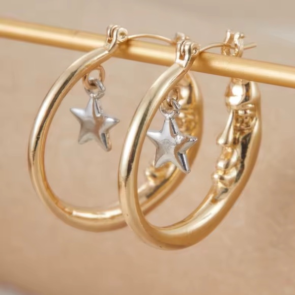 Anthropologie Jewelry - Moon Gold Hoop Earrings with Silver Star Charm